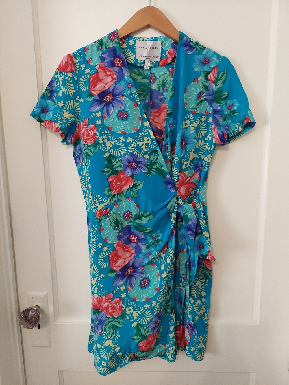 VTG 90s Adrianna Papell Mini Wrap Dress 6P Silk Floral Cocktail Party Evening